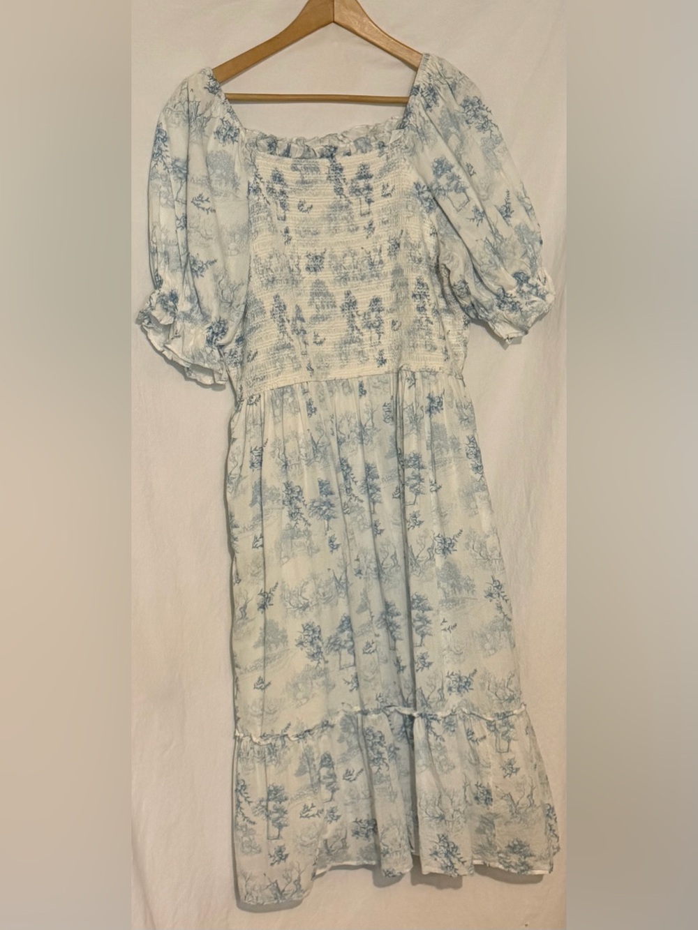 Ivy City Co Valencia Dress Blue White Toile Smoked Midi Cottagecore Puff Sleeve